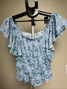 easel Blue Floral Smocked Off-Shoulder Top - Size Medium